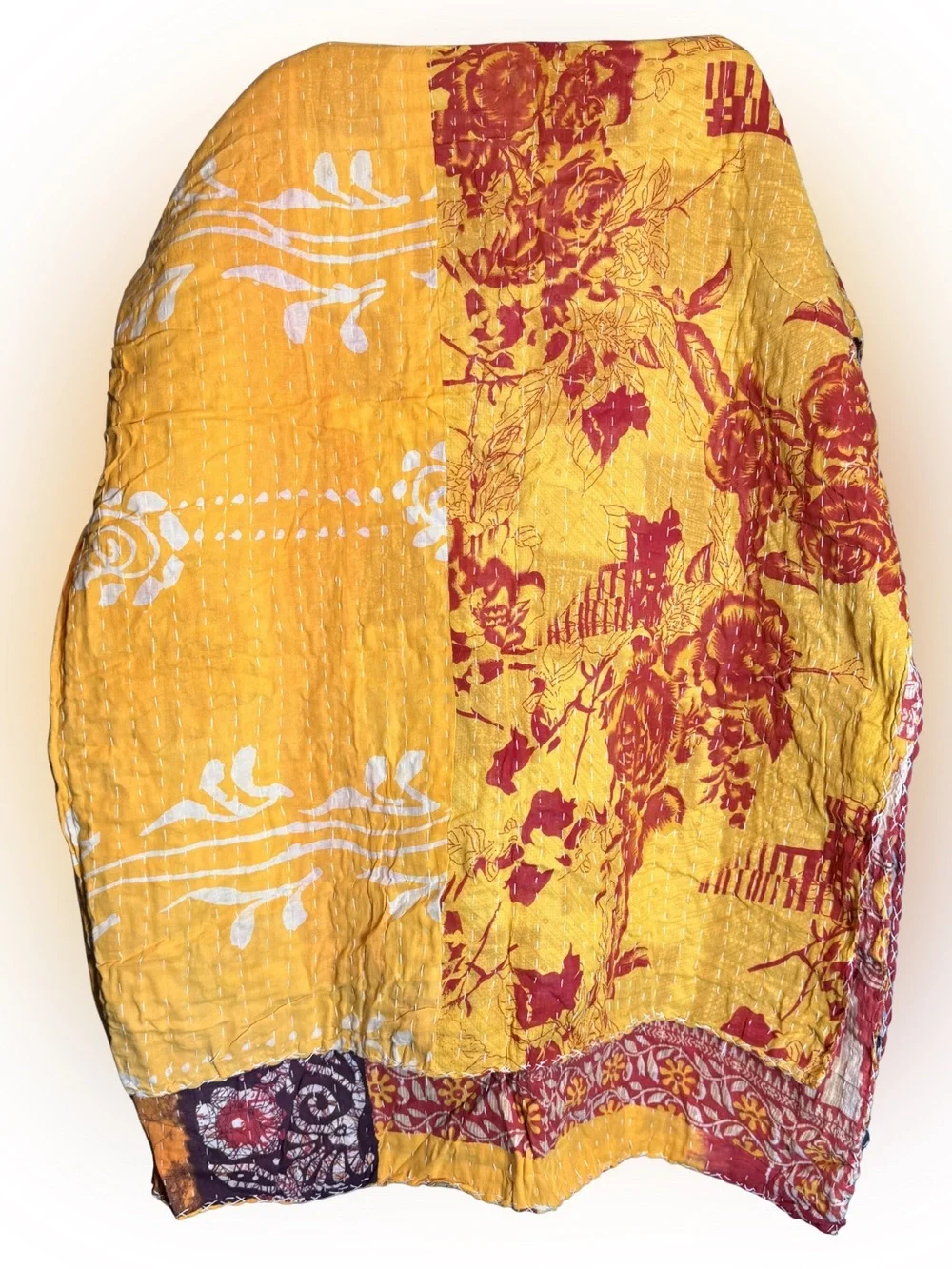 Handcrafted Multi-Color Kantha Quilt: Yellow, Orange & Red